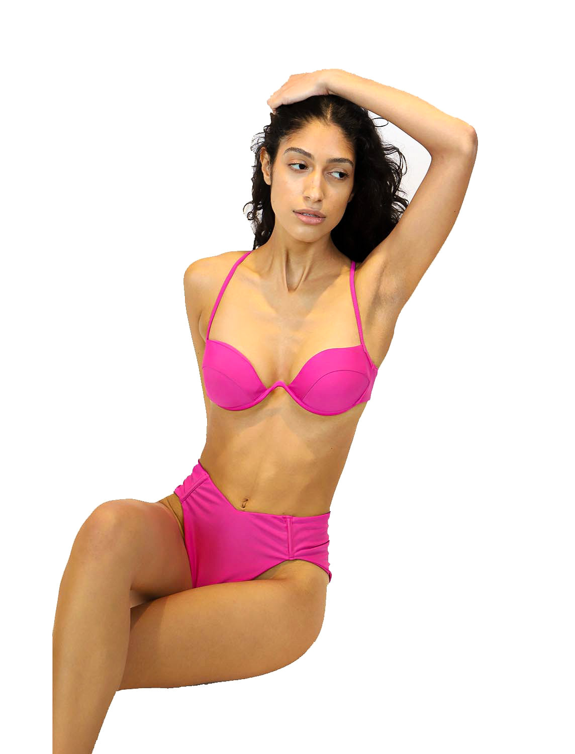 Women's Fantasia (Fuchsia, Pink) high waisted bikini bottom with ruching in back. Corset boning at front of swimsuit bottoms for extra support and to enhance the body. 