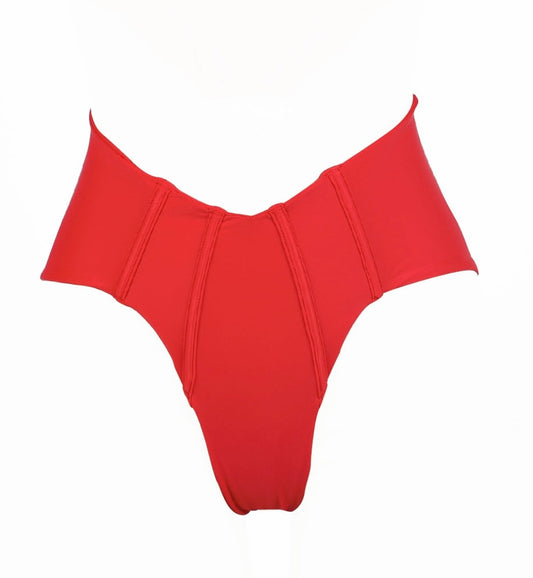 Bold Red high waisted bikini bottom with corset boning detail. High cut leg. 